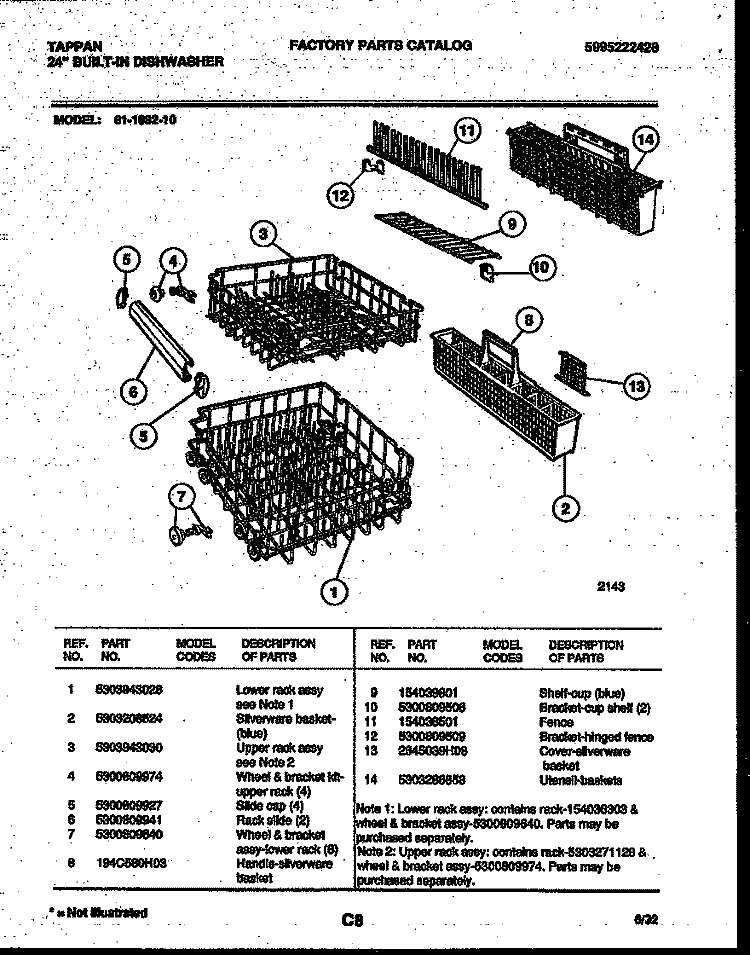 RACKS AND TRAYS Diagram and Parts List for 61-1082-10-00  Tappan Dishwasher