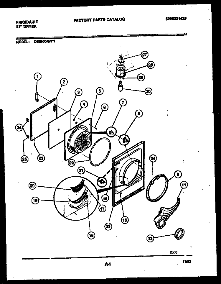 DOOR PARTS Diagram and Parts List for DE6900RW1  Frigidaire Dryer