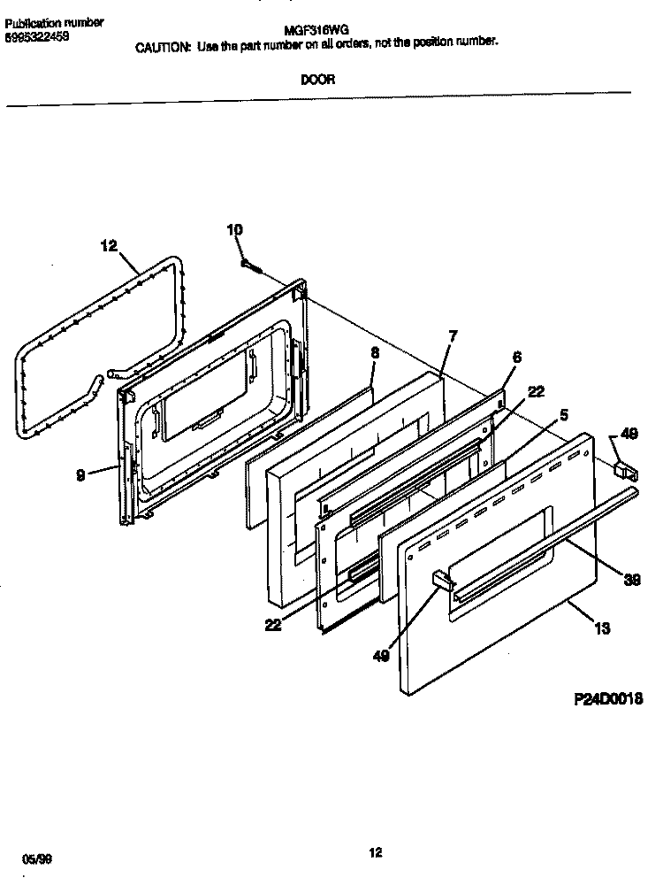 DOOR Diagram and Parts List for MGF316WGSD  Frigidaire Range