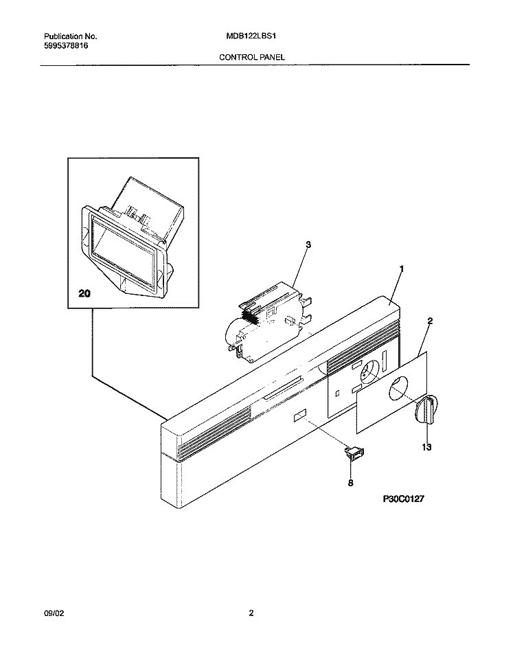 CONTROL PANEL Diagram and Parts List for MDB122LBS1  Uni Dishwasher
