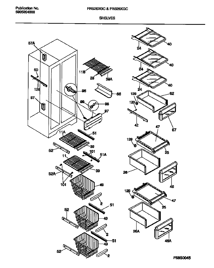 SHELVES Diagram and Parts List for FRS28XGCD0  Frigidaire Refrigerator