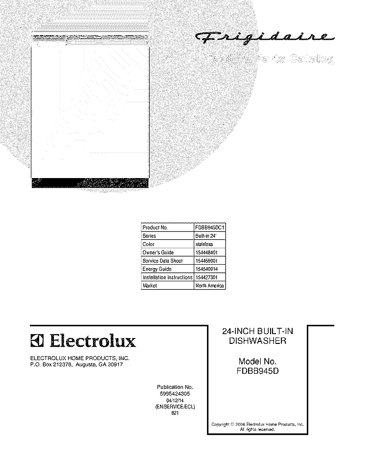 COVER Diagram and Parts List for FDBB945DC1  Frigidaire Dishwasher