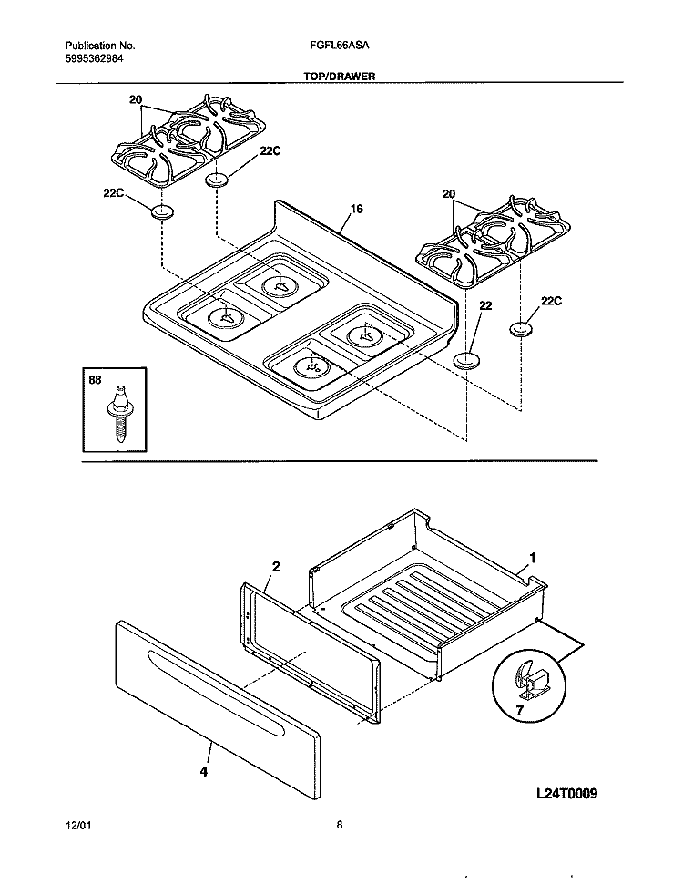 TOP / DRAWER Diagram and Parts List for FGFL66ASA  Frigidaire Range