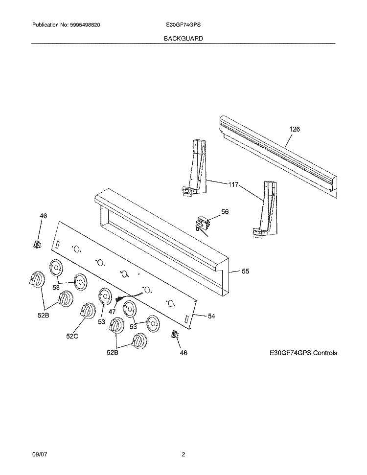 BACKGUARD Diagram and Parts List for E30GF74GPS  Electrolux Range