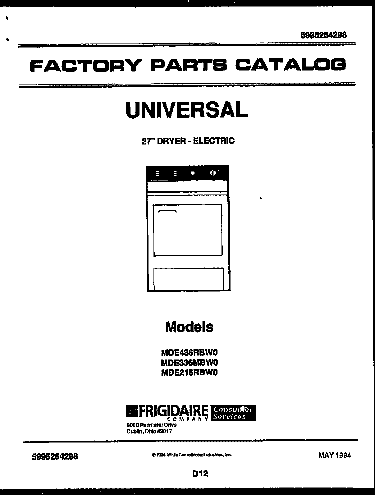 COVER Diagram and Parts List for MDE216RBD0  Frigidaire Dryer