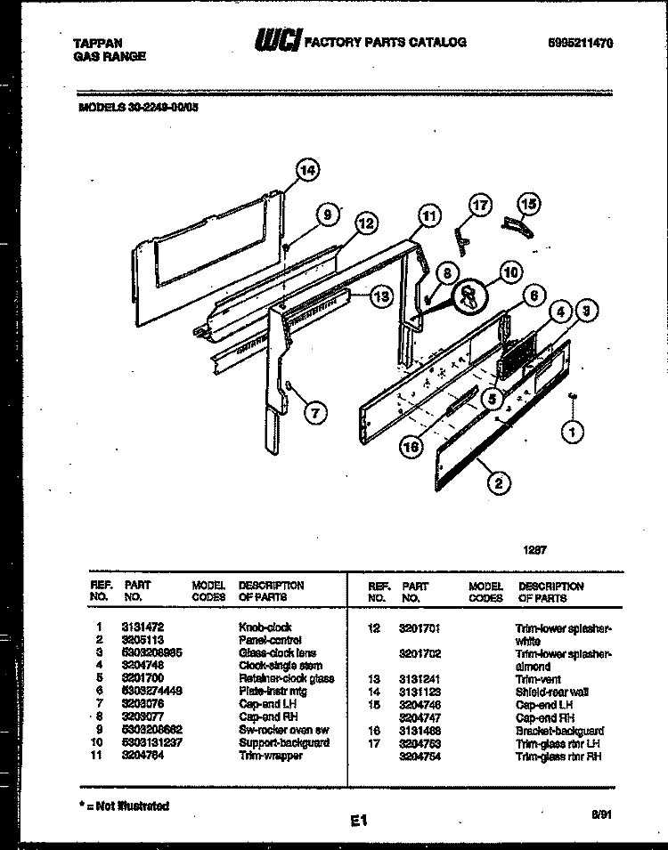BACKGUARD Diagram and Parts List for 30-2249-00-05  Tappan Range
