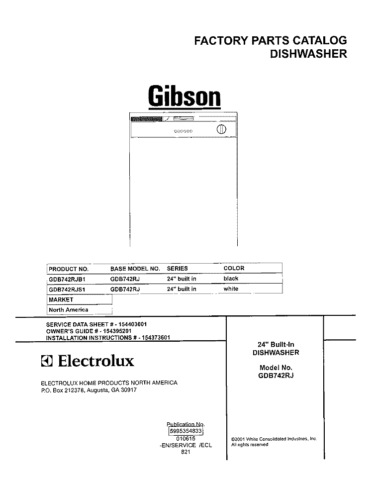 COVER Diagram and Parts List for GDB742RJB1  Gibson Dishwasher