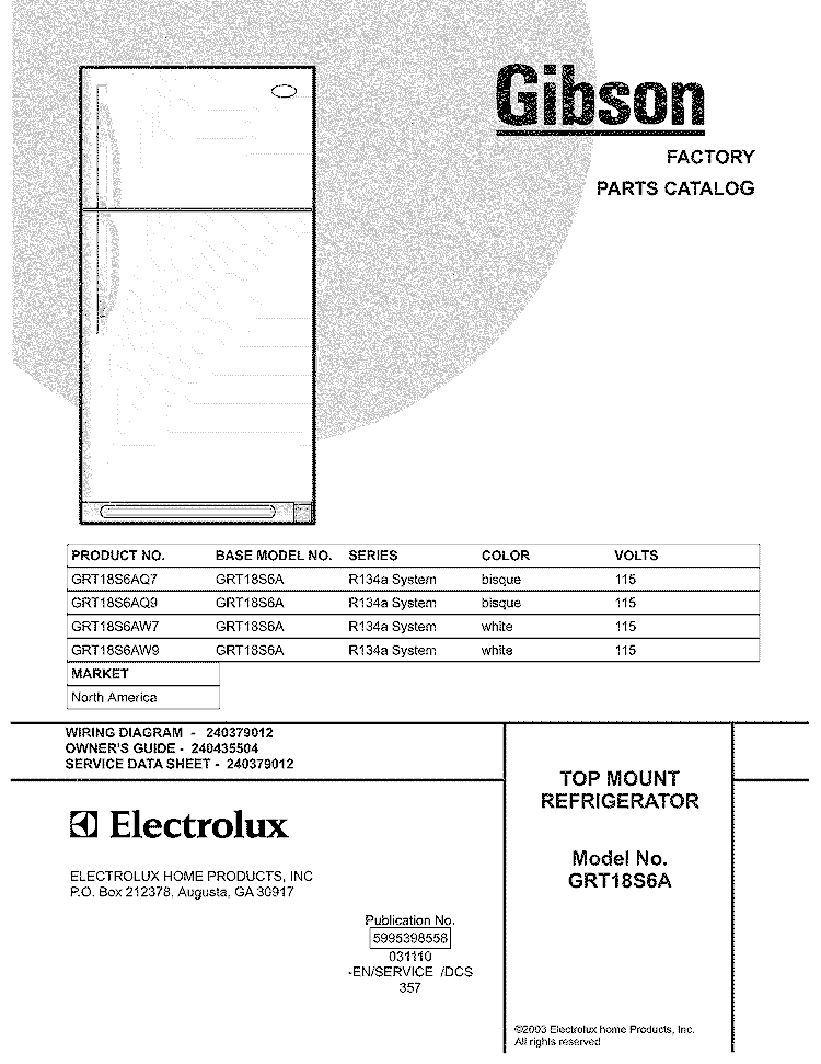 COVER Diagram and Parts List for GRT18S6AW7  Gibson Refrigerator