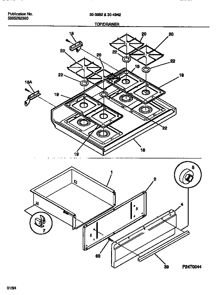 TOP / DRAWER Diagram and Parts List for 30-3982-23-05  Tappan Range