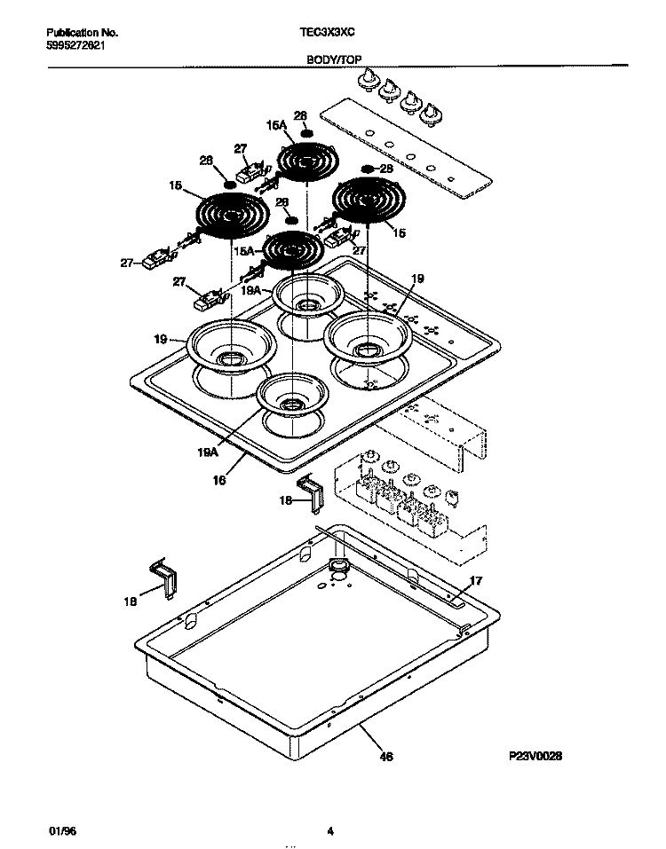BODY / TOP Diagram and Parts List for TEC3X3XCW1  Tappan Cooktop