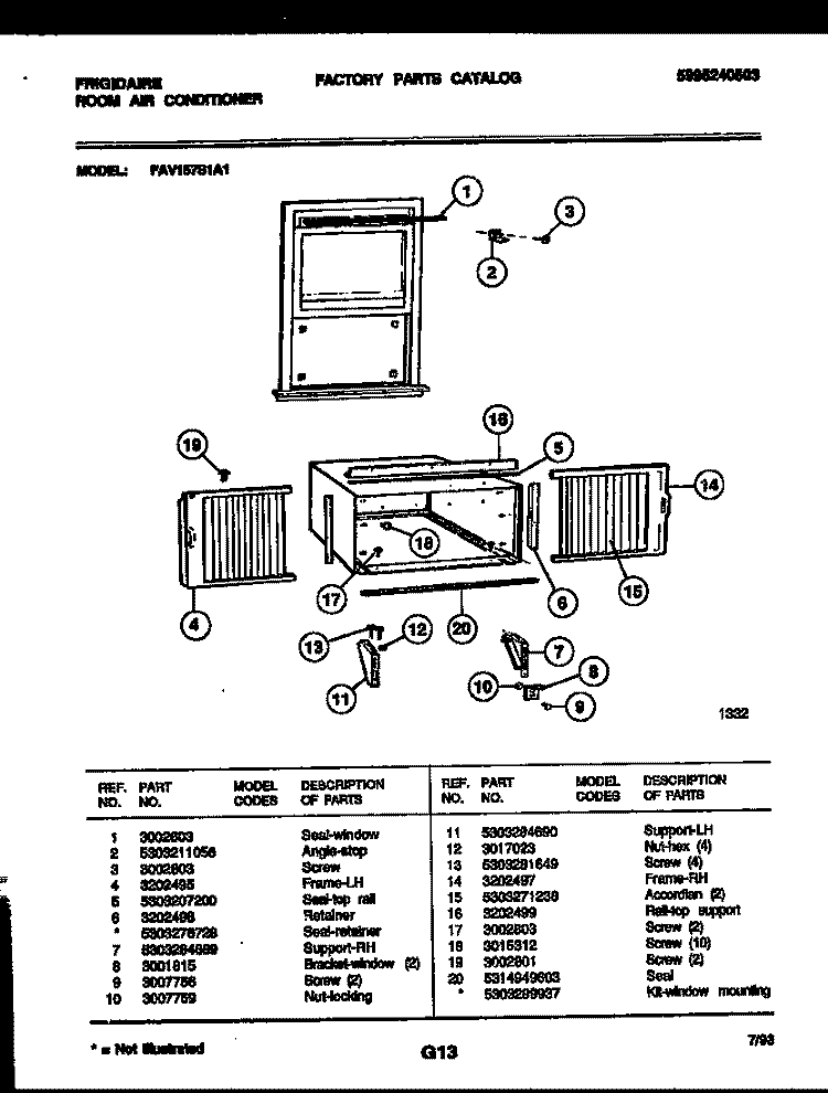 WINDOW MOUNTING PARTS Diagram and Parts List for FAV157S1A1  Frigidaire Air Conditioner