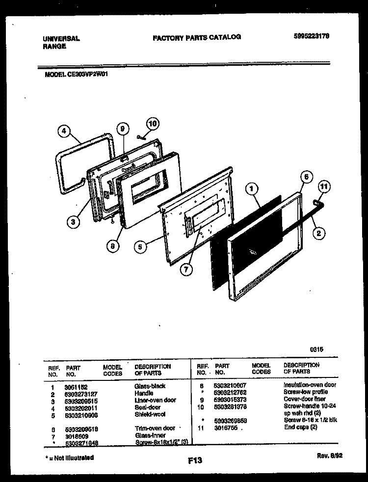 DOOR PARTS Diagram and Parts List for CE303VP2W01-23  Tappan Range