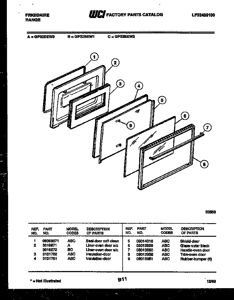 DOOR PARTS Diagram and Parts List for GP32BEL1  Frigidaire Range