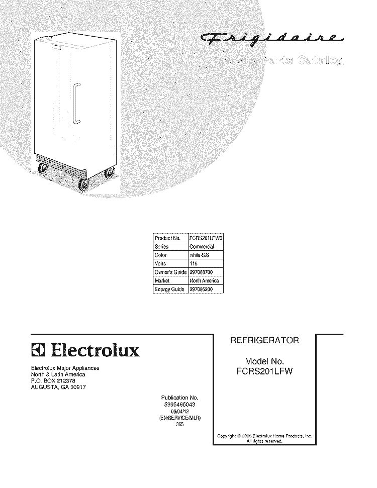 COVER Diagram and Parts List for FCRS201LFW0  Frigidaire Refrigerator