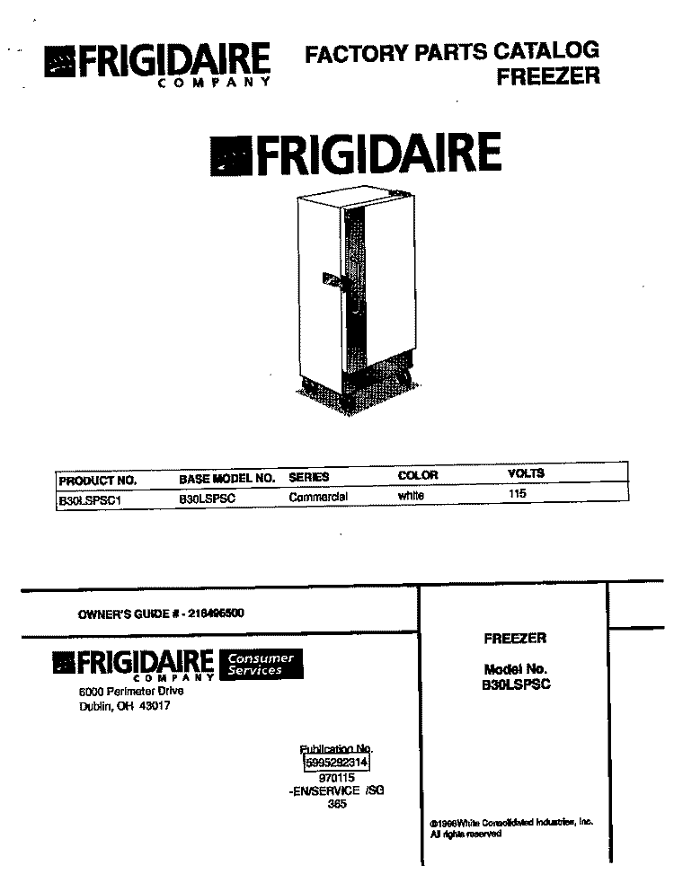 COVER Diagram and Parts List for B30LSPSC1  Frigidaire Freezer