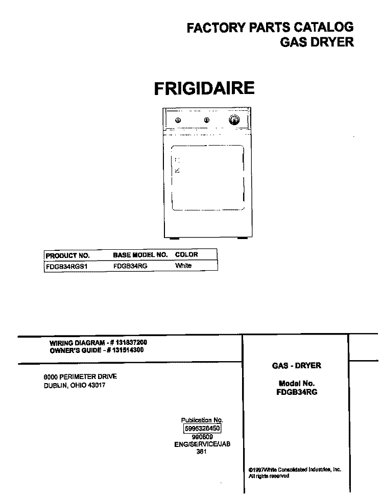 COVER Diagram and Parts List for FDGB34RGS1  Frigidaire Dryer