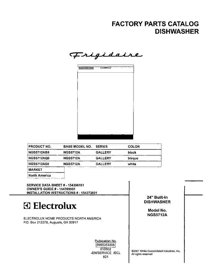 COVER Diagram and Parts List for NGS5712AQ0  Frigidaire Dishwasher