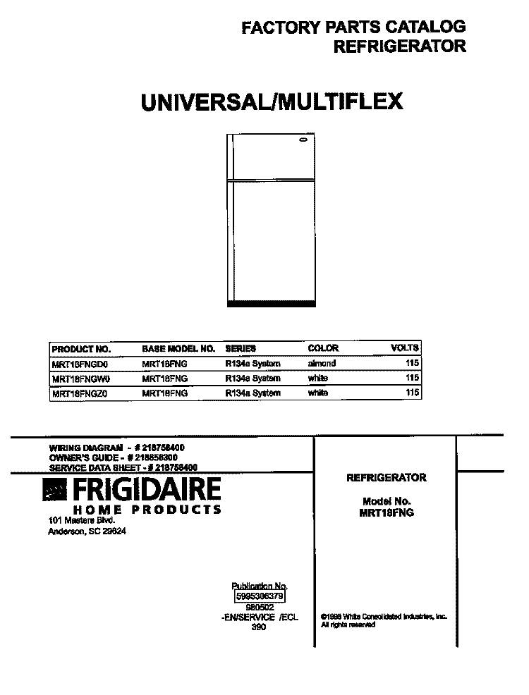COVER Diagram and Parts List for MRT18FNGD0  Frigidaire Refrigerator