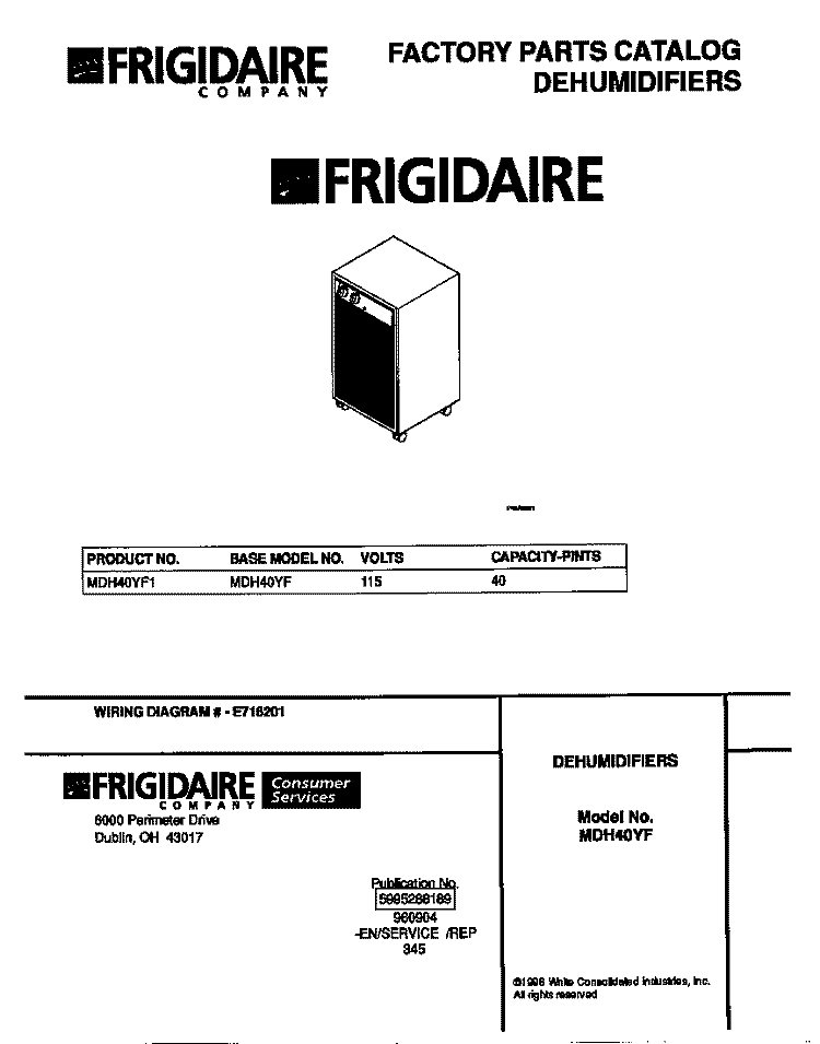 COVER Diagram and Parts List for MDH40YF1  Frigidaire Dehumidifier