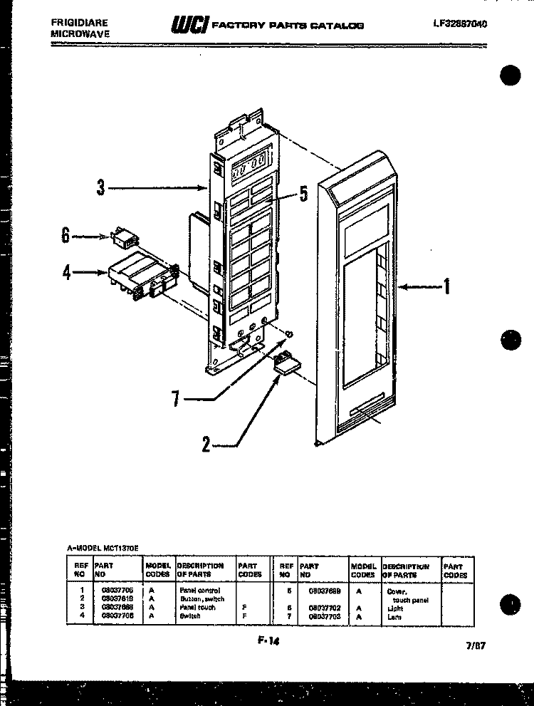 CONTROL PANEL Diagram and Parts List for MCT1370E  Frigidaire Microwave