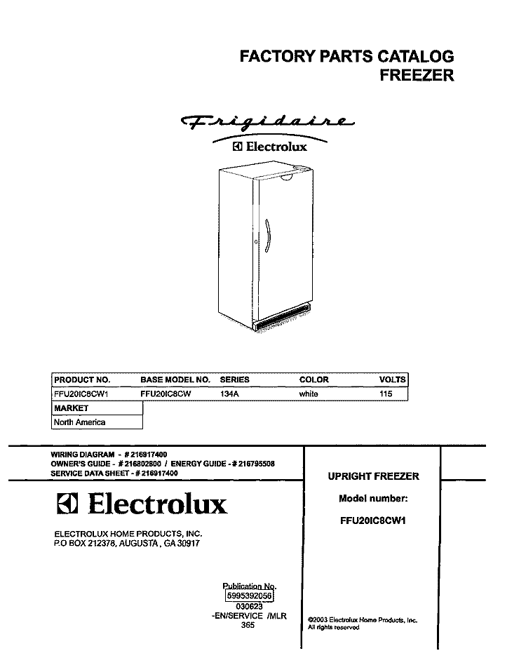 COVER Diagram and Parts List for FFU20IC8CW1  Frigidaire Freezer