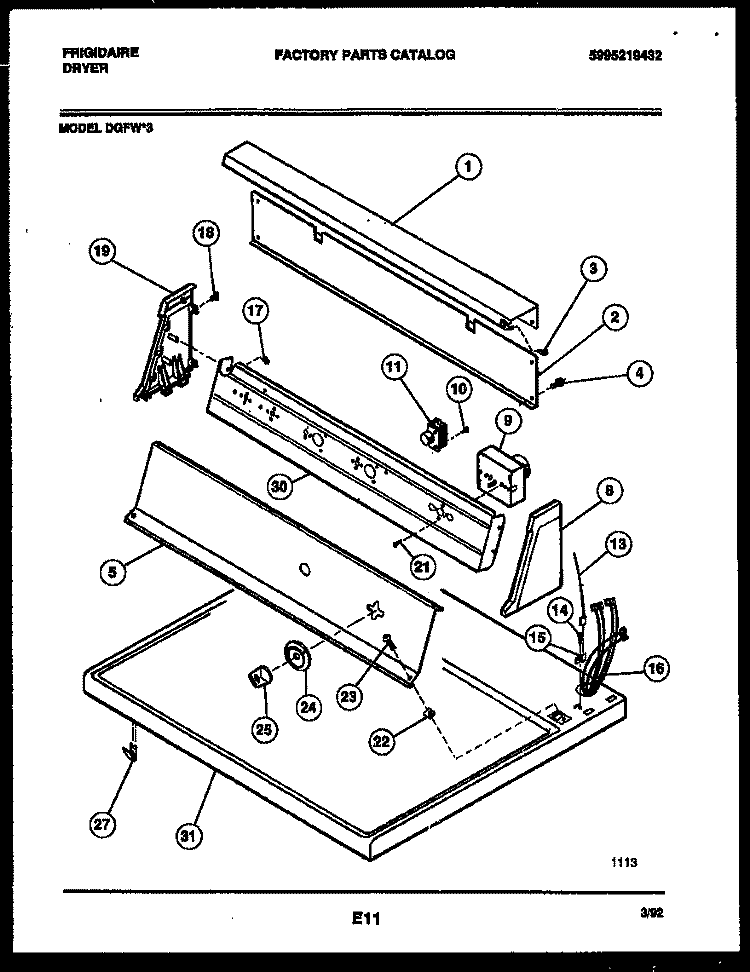 CONSOLE AND CONTROL PARTS Diagram and Parts List for DGFW3  Frigidaire Dryer