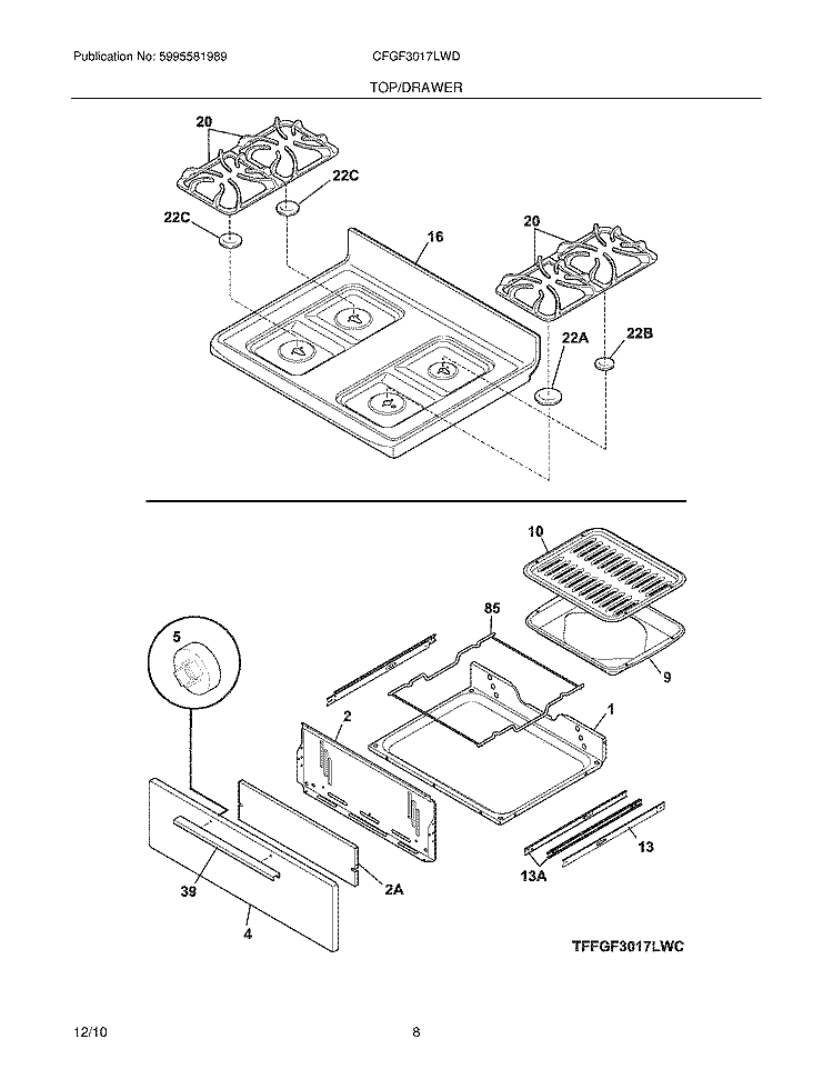TOP/DRAWER Diagram and Parts List for CFGF3017LWD  Frigidaire Range
