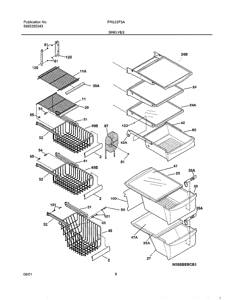 SHELVES Diagram and Parts List for FRS23F5AQ1  Frigidaire Refrigerator