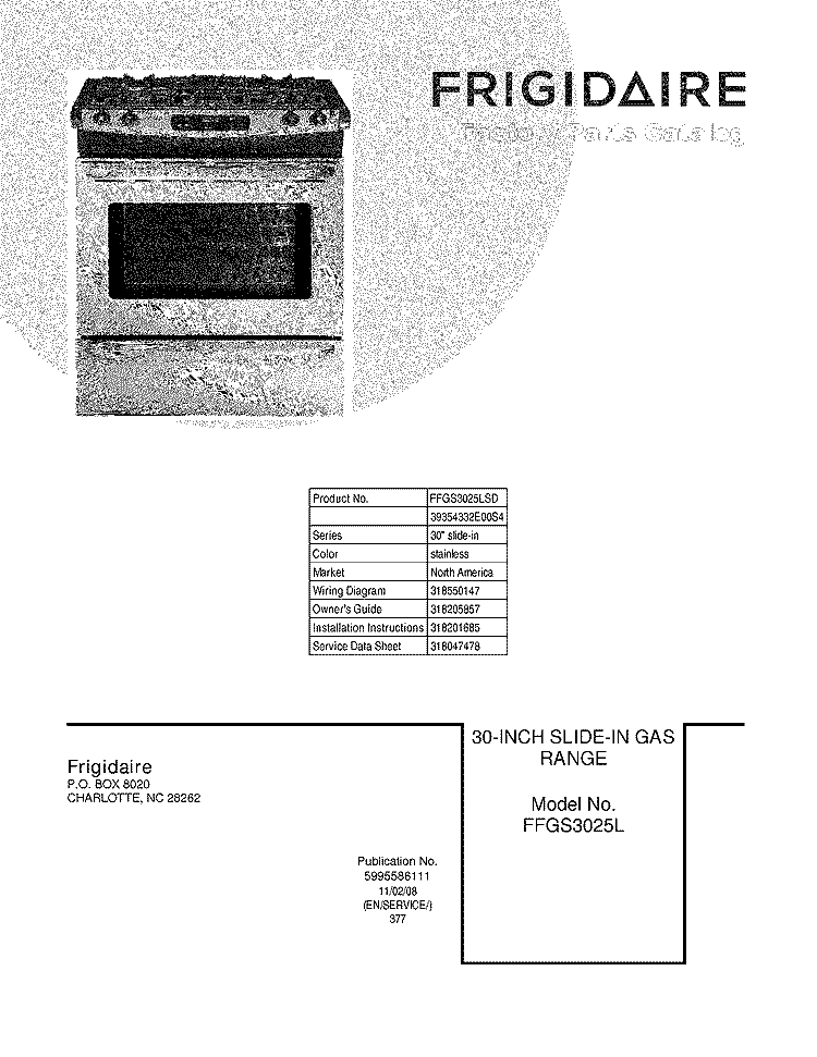 COVER Diagram and Parts List for FFGS3025LSD  Frigidaire Range