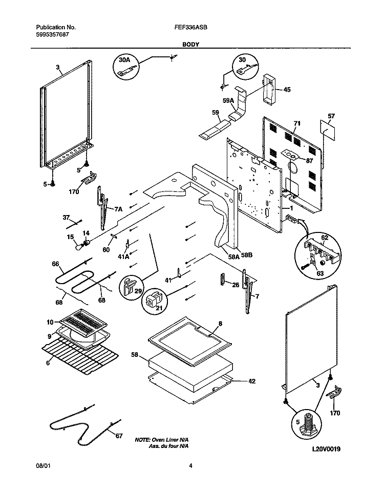 BODY Diagram and Parts List for FEF336ASB  Frigidaire Range