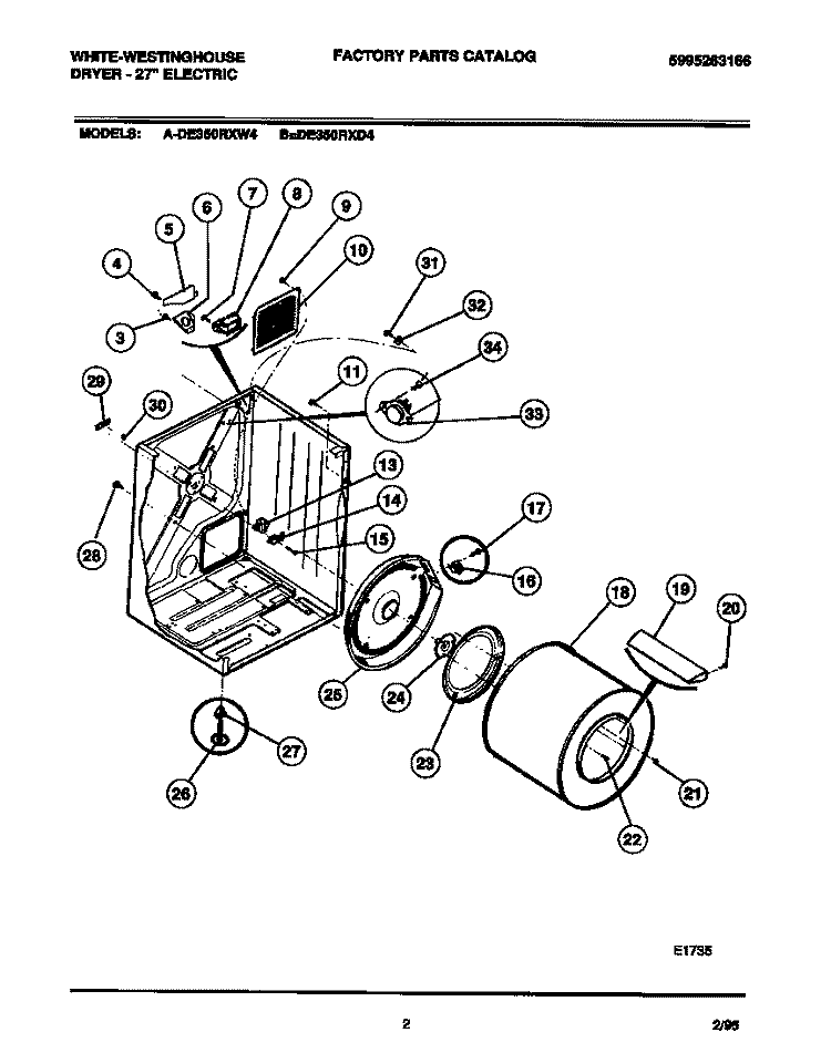 CABINET, DRUM, HEATER ASSEMBLY Diagram and Parts List for DE350RXD4  Frigidaire Dryer