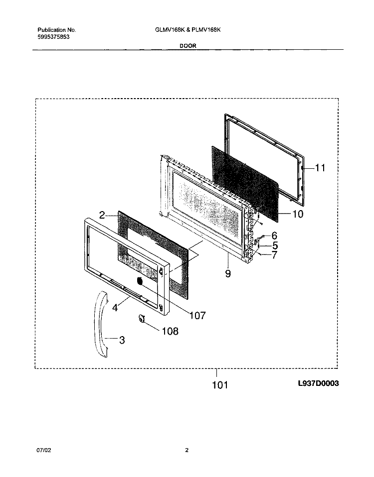 DOOR Diagram and Parts List for PLMV168KC4  Frigidaire Microwave