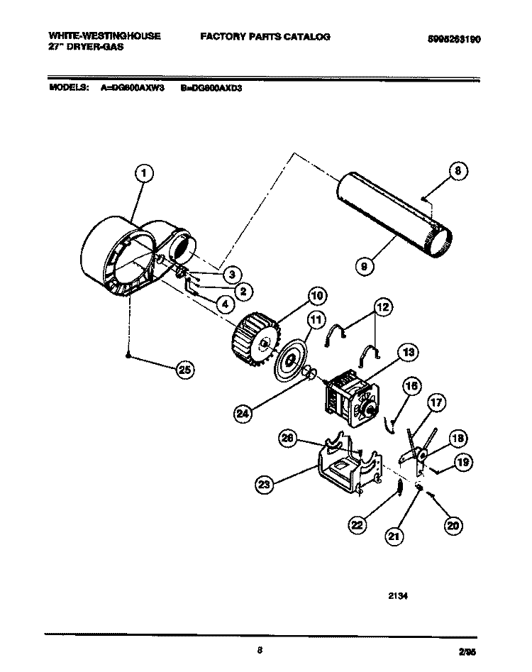 MOTOR, FAN HOUSING, EXHAUST DUCT Diagram and Parts List for DG800AXD3  Frigidaire Dryer