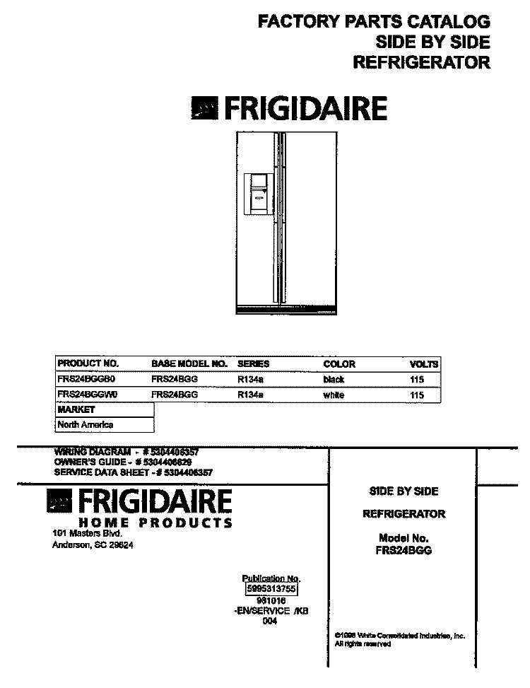 COVER Diagram and Parts List for FRS24BGGB0  Frigidaire Refrigerator