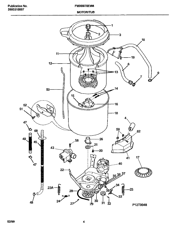 MOTOR / TUB Diagram and Parts List for FWX6970EW4  Frigidaire Washer