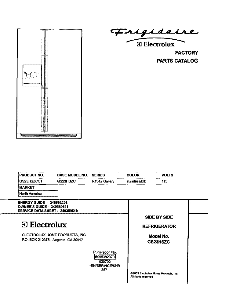 COVER Diagram and Parts List for GS23HSZCC1  Frigidaire Refrigerator