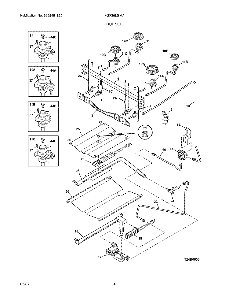 BURNER Diagram and Parts List for FGF368GMA  Frigidaire Range