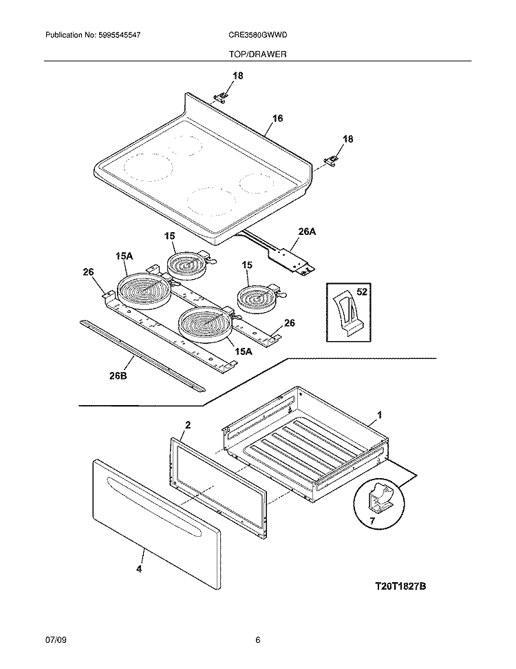 TOP/DRAWER Diagram and Parts List for CRE3580GWWD  Crosley Range