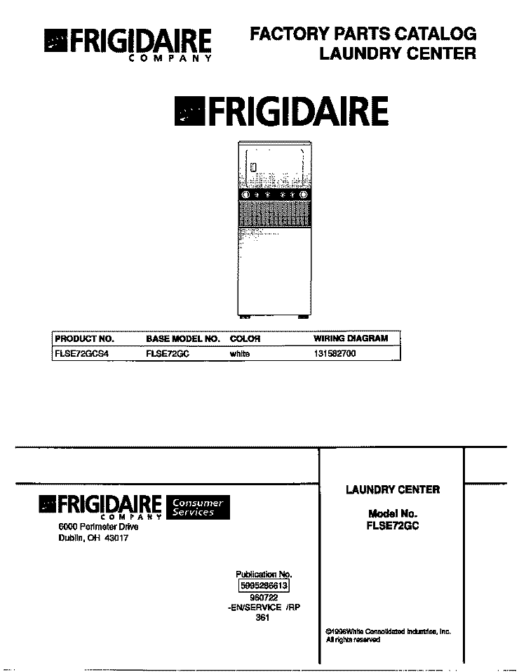 COVER Diagram and Parts List for FLSE72GCS4  Frigidaire Washer Dryer Combo