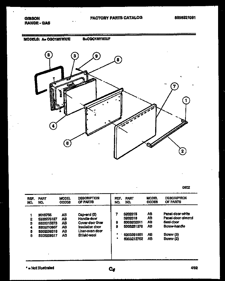 DOOR PARTS Diagram and Parts List for CGC1M1WXE  Gibson Range