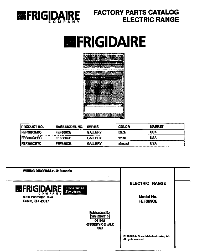 COVER Diagram and Parts List for FEF389CEBC  Frigidaire Range