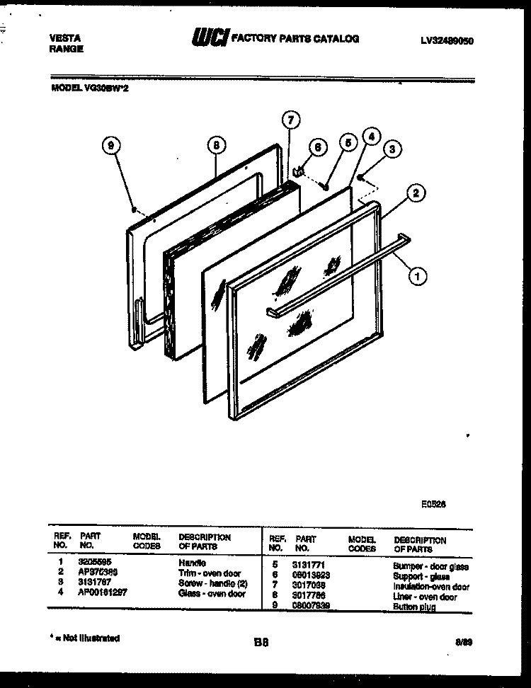 DOOR PARTS Diagram and Parts List for VG30BW2  Tappan Range