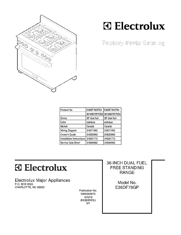 COVER Diagram and Parts List for E36DF76GPS3  Electrolux Range