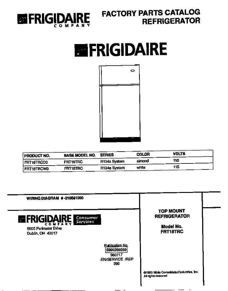 COVER Diagram and Parts List for FRT18TRCW3  Frigidaire Refrigerator