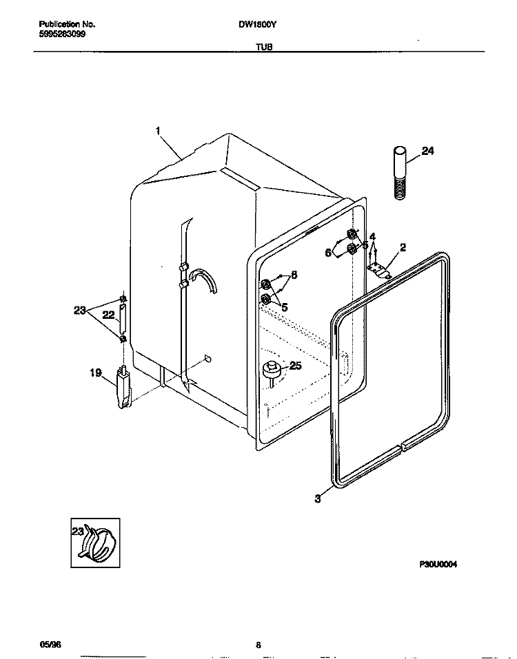 TUB Diagram and Parts List for DW1800Y0  Frigidaire Dishwasher