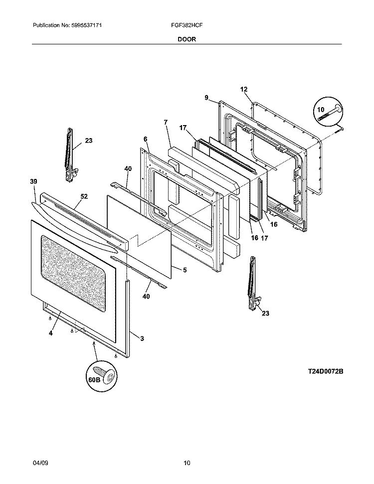 DOOR Diagram and Parts List for FGF382HCF  Frigidaire Range