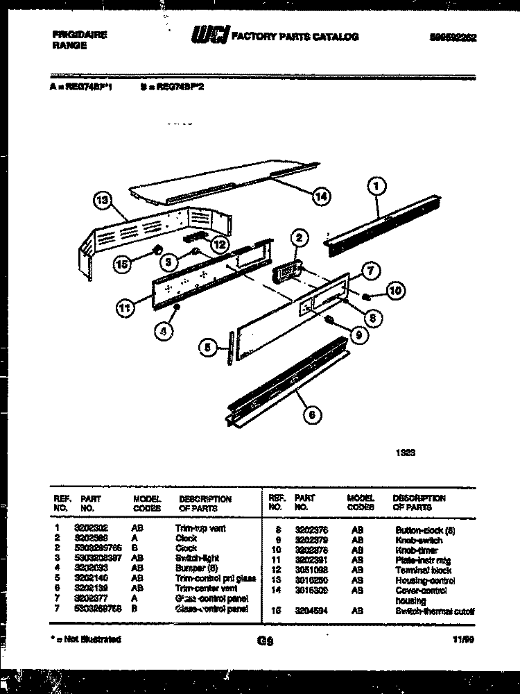 CONTROL PANEL PARTS Diagram and Parts List for REG74BFB1  Frigidaire Wall Oven