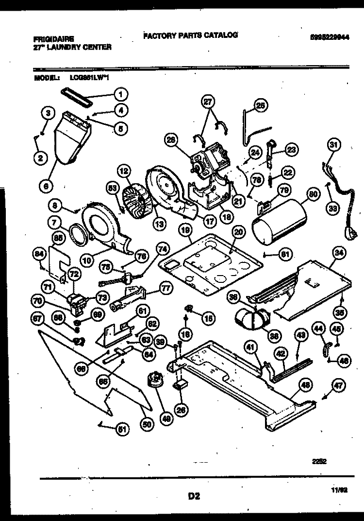 MOTOR, BLOWER AND CABINET PARTS Diagram and Parts List for LCG851LW1  Frigidaire Washer Dryer Combo