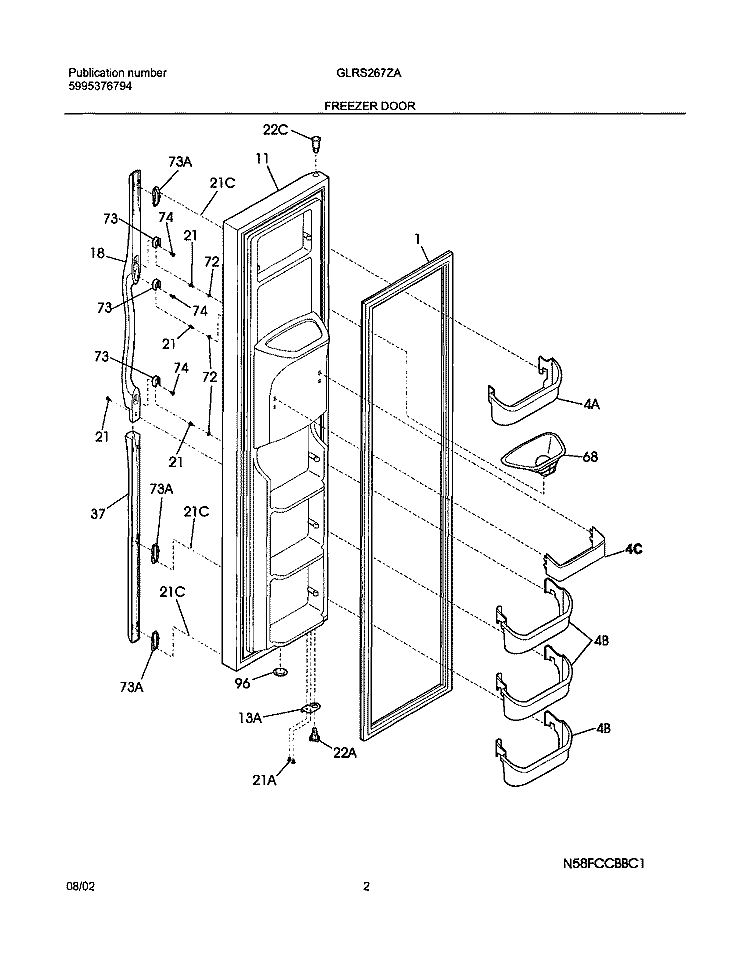 FREEZER DOOR Diagram and Parts List for GLRS267ZAB5  Frigidaire Refrigerator