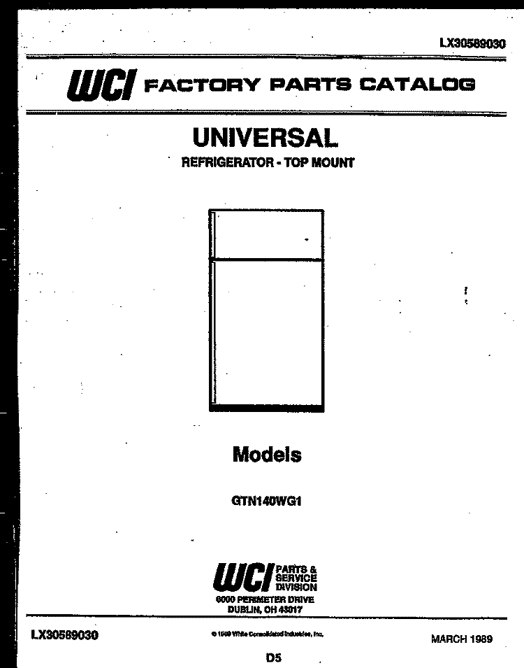COVER Diagram and Parts List for GTN140WGF1  Uni Refrigerator